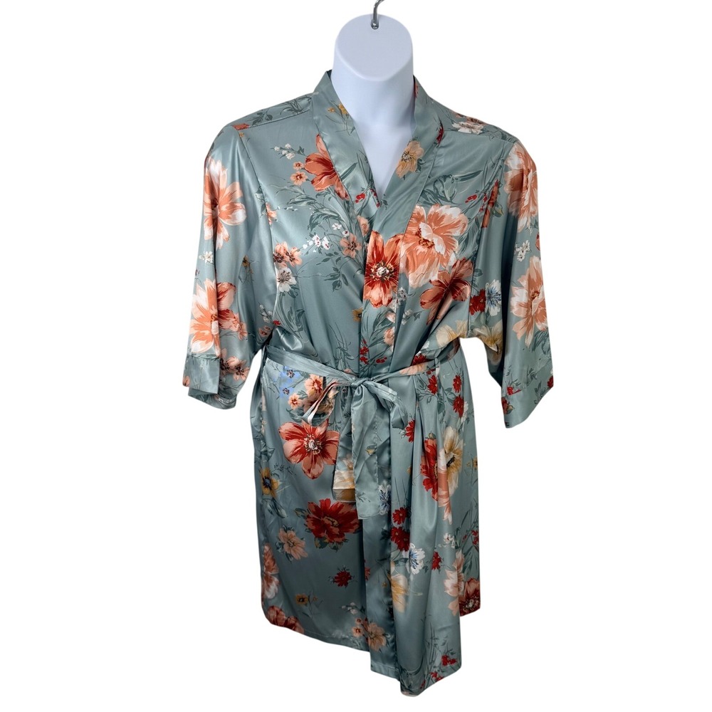 Davids Bridal Dusty Blue Floral Satin Robe L XL Luxury Loungewear Cottage Chic